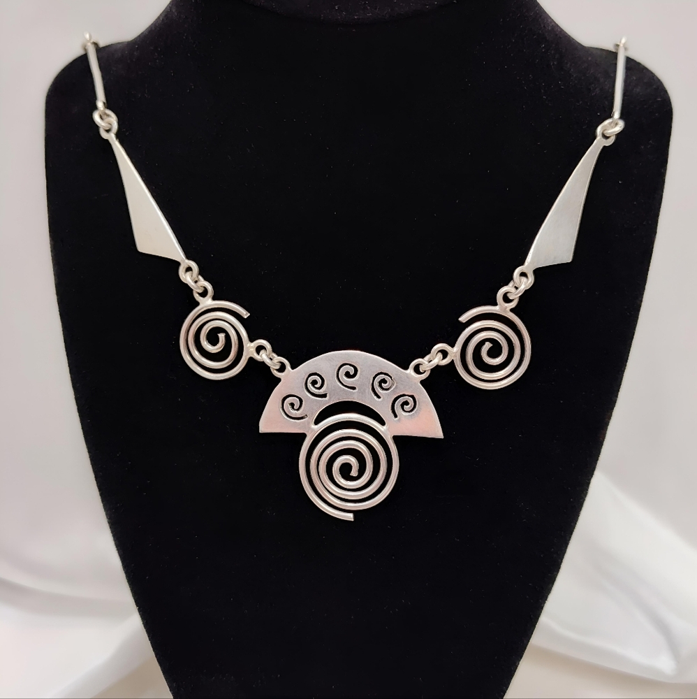 Vintage TAXCO Modernist Geometric Swirls Solid Sterling Silver Necklace 20 Inch - Picture 11 of 11
